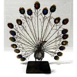 PEACOCK - Vintage Metal Wire Beaded Colorful MCM Sculpture - Size 13x13"